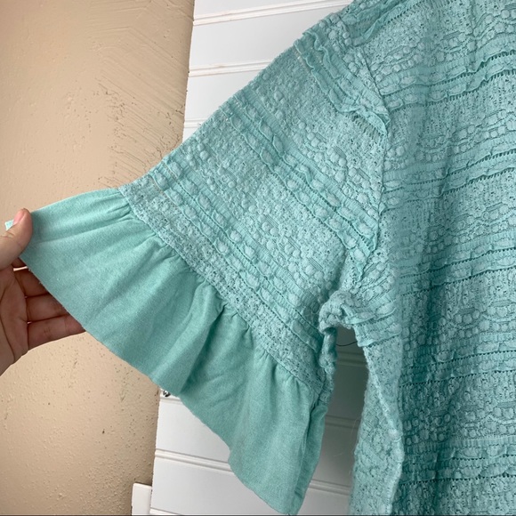 Umgee Dusty Mint Crochet Bell Sleeve Ruffle Top - Picture 4 of 9